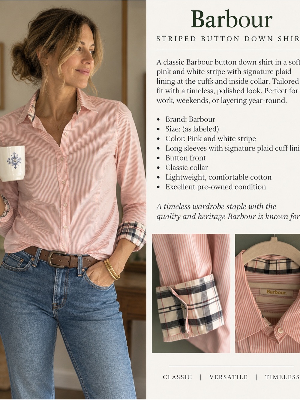 Barbour Pink and White Striped Button-Down Shirt with Plaid Cuffs